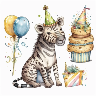 3 clipart set, with lion wearing birthday hat, zebra eating birthday cake, giraffe holding present, white background, illustration, drawing, doodle, aquarelle