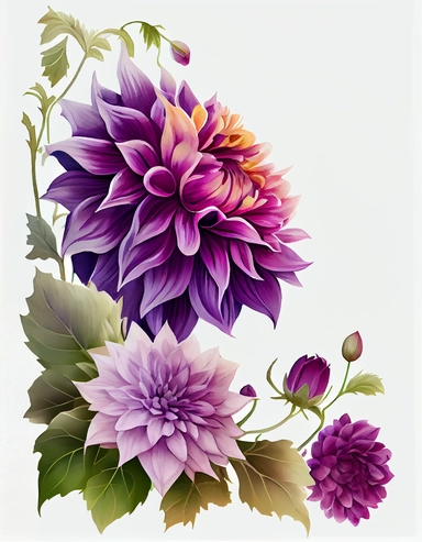detailed watercolor purple dahlia flower corner border template , isolated on white background, realistic, clipart