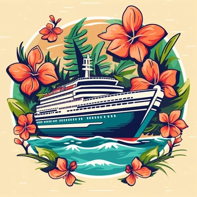 simple clipart of a cruise ship on a background of hawaiian shirt style flowers