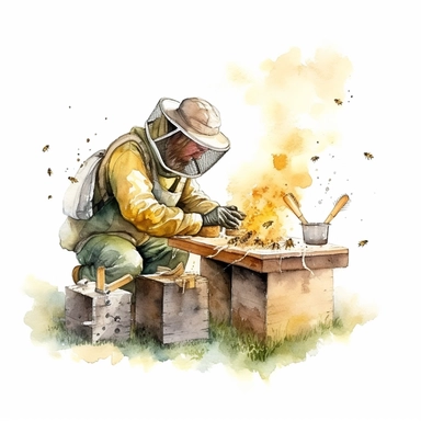 A dynamic illustration of a beekeeper working with a smoker, releasing puffs of smoke around the beehive to calm the bees, with a hive tool and gloves visible nearby, watercolor clipart