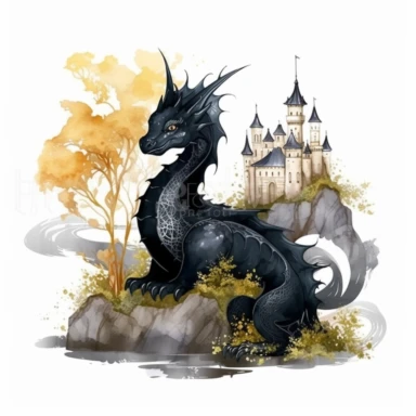 A gothic black fantasy dragon , scale , near a castle , bamboo tree , Perfect for nursery art and children's book illustration style, simple, cute, full color, clipart, watercolor illustration, single object, white background for removing background