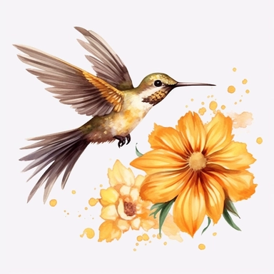 Cute Beautiful Fairy Hummingbird Yellow Flowers Watercolor Clipart, Cartoon, Hyper Realistic, Intricate Details, Illustration Style, High Resolution, On White Background