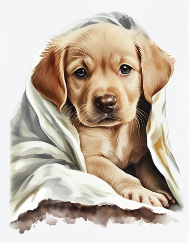 baby dog in a blanket, watercolor clipart, transparent background,