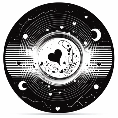 clipart representing music and sound waves. Beautiful, flat, cute manga style, black and white, round image borders