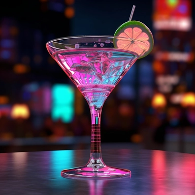 Classic cosmopolitan, no ice in the glass, bold colors, retro neon style, photorealistic, high-resolution photography, transparent background PNG clipart – ar 16:9