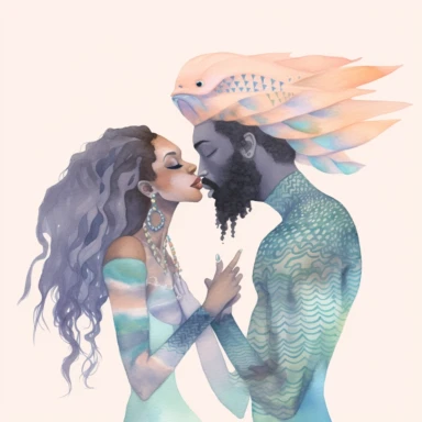 Mermaid Clipart Clipart, full body pastel colors african american Mermaid woman an man kissing surronded by dolphin , beautiful joint tail, natural hair, dreads, distinctive noses, illustration blend with cartoon realism and cate parr style