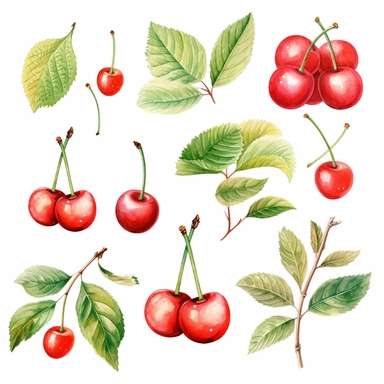 30 to 40 beautical watercolor cherries for clipart with green leaves