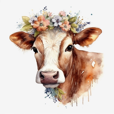 stunning, beautiful and happy cow by Beatrix Potter, Watercolor clipart, single design, print on demand image, sublimation, PNG transparent background, white background, 8k