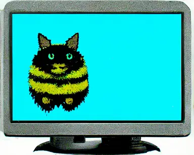 gray CRT computer monitor displaying tacky pixelated clipart of wet cat in bee costume, hi this is my geocities for my cat named bee who loves flowers, Word Wide Web 90s website aesthetic, comic sans tacky clipart, glitch style