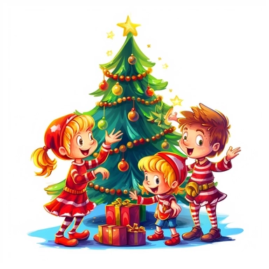 clipart digital svg cartoon of elves decorating the Christmas tree with the family, on a whte background no shadow
