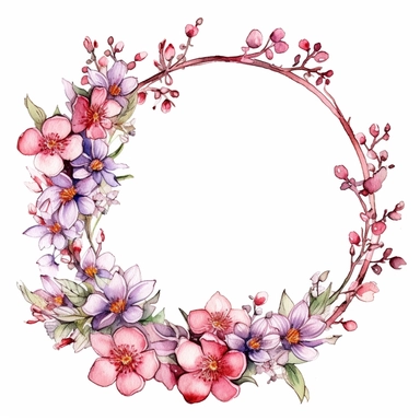 watercolor clipart of a empty suttle dainty floral circle frame surrounded by spring flowers. Capture the essence of blooming beauty and intricate details in your artwork, white background