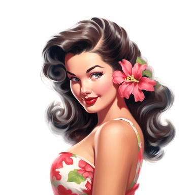 beautiful pretty pin up woman, makeup and hair vintage 50's style, hawaiian flower and dress, paint art style, detail, clipart, white background, superrealistic, one of a kind