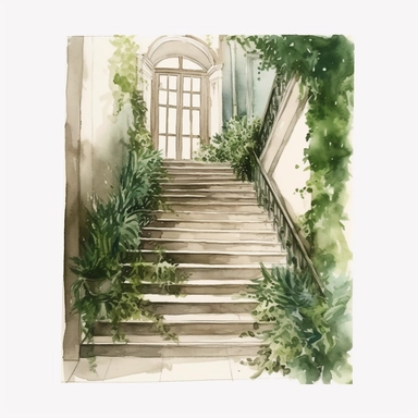 watercolor overgrown library hallway stairs clipart, no background, greenery