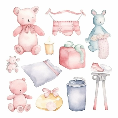 watercolor, baby themed things on white background with margins, clipart collection