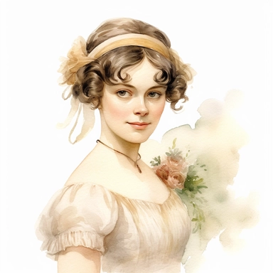Jane Austen: General - Elegant portrait of Emma Woodhouse smiling clipart watercolor, white background, highly detailed, photorealistic, high quality, light pastel colors, romantic, delicate, feminine, florals, lots of details