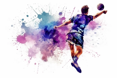 Watercolor, Design an action shot of a handball player jumping to shoot the ball clipart, hd, on a white background, spaced out