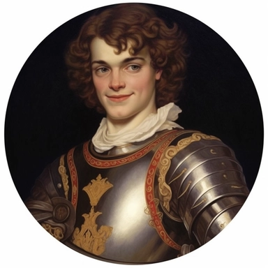 Arthur Sarnoff's character portrait circular tondo depicting an armored Regency knight, clipart illustration, circular solid background circular border