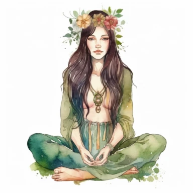 bohemian girl with long black hair, green eyes, sitting in lotus position , in the style of mucha, in the style of realistic watercolor, watercolor clipart on white background,die cut on white background, 8k, Job ID: 604300f4-6984-4a9a-aa16-00313a985d77 Seed: 1300855054 8k, ar 4:5