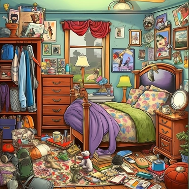 hidden object sheet in a bedroom, with Pillow, Blanket, Lamp, Alarm clock, Picture frame, Curtains, Dresser, Nightstand, Book, Magazine, Phone charger, Tissue box, Jewelry box, Hairbrush, Mirror, Clothes hanger, Slippers, Teddy bear, Remote control, Window blinds, clipart, Glasses or sunglasses Watch Perfume or cologne bottle Wallet or purse Pen or pencil Notebook or journal Laptop or tablet Headphones Decorative pillows Candles Room fragrance diffuser Plants or flowers Wall art or posters TV or