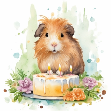 :Create a watercolor clipart picture of a cute long-haired guinea pig sitting next to a birthday cake, with small flowers and greenery. The guinea pig should be a friendly and curious breed, and the cake should be a single-tier design with pastel colors and simple decorations, such as sprinkles and candles. The flowers and greenery should be scattered around the cake and the guinea pig, creating a whimsical and natural feel. The guinea pig's long hair should be shown flowing in the breeze, creat