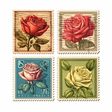 a set of four vintage floral stamps, roses, collection, with margins, clipart, isolated on solid white background