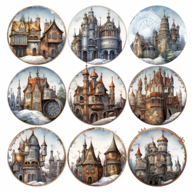 Watercolor hyperdetailed ultra realistic clipart of steampunk fictional worlds like Middle Earth, Hogwarts, or Narnia, including intricate details such as famous landmarks, architecture, and landscapes