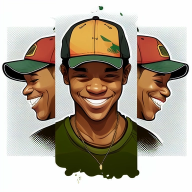 clipart, high-resolution, cartoon black handsome young man, strong, proud, joyful, wearing 3 panel baseball cap, red panel, green panel, gold panel, transparent background