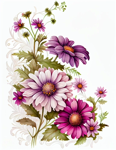 detailed watercolor mulberry purple daisy corner border , isolated on white background, realistic, clipart