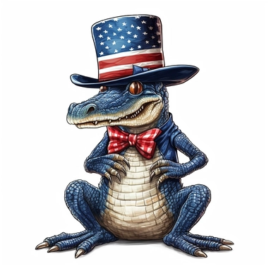 full perspective, american patriotic alligator wearing a hat clipart illustration, centred, vibrant colors, add the flag, on a white background, no watermark, no logo, no writing