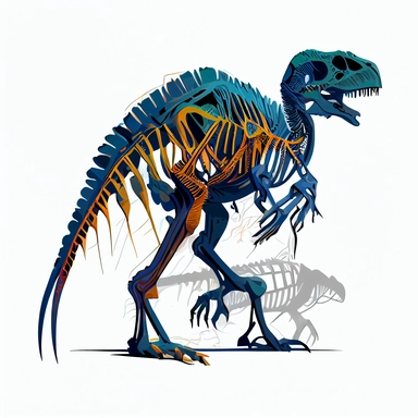 Alossauro dinosaur skeleton, on a white background, hand draw Illustration clipart, 4K, extremely detailed
