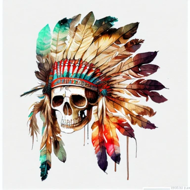 Hand Drawn Color Native American Indian Headdress With Human Skull Watercolor clipart