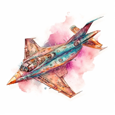 A fighter jet in sweet steampunk style, Vibrant saturated watercolor pinks, oranges, blues, teal, and liquid gold, watercolor style illustration, digital illustrations, intricate details, precise, sinister beauty, watercolor illustration clipart, watercol