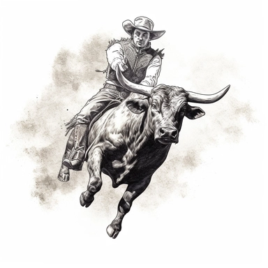 hand drawn, vintage, clipart, bull rider on bucking bull, white background, high saturation