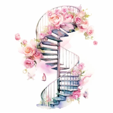 Whimsical watercolor depiction of pink flowers gracefully ascending a spiral staircase, viewed from a bird's-eye perspective, with the composition conveying a sense of ascension, growth, and the endless possibilities that await those who embark on a journey of self-discovery, clipart on a clean white background.
