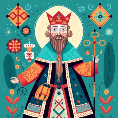 a bishop in traditional dress, Scandinavian folk art clipart with a whimsical and charming design that captures the essence of the folk art tradition, and a bright and lively color scheme that evokes a sense of joy and wonder.
