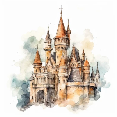 one castles Watercolor clipart on a white background, in the style of realistic and hyper-detailed renderings, muralist, distressed materials, uhd image, ps1 graphics, detailed character design, large scale murals, no watermark, text, 300 DPI , typography, shapes do not stick together, no text in the picture, on a white background