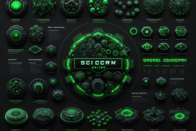 a spritesheet of large geometry, charts, spaceships, cyborgs, ux, ui, octane render, laptop product, DesignStudioPro create vector graphics clipart with their company. round buttons, 3D elements, black and dark design, electric green lighting, techcore, cinematic lighting, far shot, ultra hd, hdr, extremely detailed, 8k, dramatic lighting, 85mm, volumetric lighting, ray tracing reflections, unreal render –q 2 –v 4