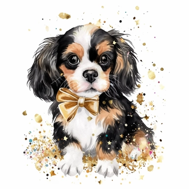 create a beautiful original high quality highly detailed watercolor clipart image of a small and adorable king charles cavalier puppy smiling wearing a tuxedo with the puppys head sticking out of the middle of a beautiful confetti explosion made out of gold and silver confetti, include high detail to the puppys fur, include pastel colors, white background, no text, no font, no words