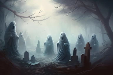 realistic clipart ghosts in foggy enchanted cemetery, digital painting