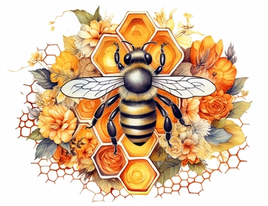 summer illustration of bees and honey combs and flowers, in watercolor styles, bright colors, white background Sublimation Clipart, hyper realistic, intricate detail, illustration style, high solution, on the white background