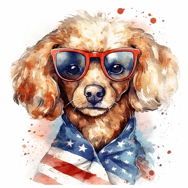 Toy Poodle Dog, wears American flag scarf and sunglasses, closeups shot, low angle, watercolor style, hyper-realistic animal illustrations, 2d game art, quadratura, clipart, on white background,