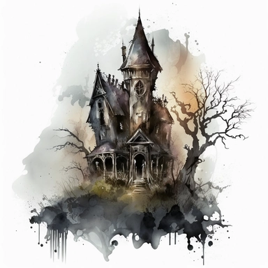 isolated clipart image of a spooky gothic house with intricate architectural details, twisted spires, and looming shadows, each house unique in its design, showcasing different elements like pointed windows, wrought-iron gates, and weathered stone walls, surrounded by a foggy atmosphere that adds a sense of mystery and intrigue, watercolor painting, delicate brushstrokes capturing the eerie charm, ethereal washes of color capturing the magical atmosphere