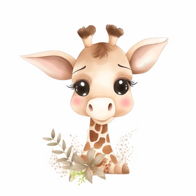 Whimsical boohoo light brown party safari animal clipart,giraffe,happy anime,cute baby giraffe , white background 3:4