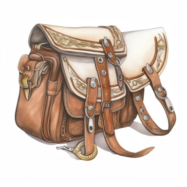 Saddlebags: Saddlebags are a practical accessory for horseback riders, providing a place to store gear and supplies. These leather bags with their intricate tooling and silver conchos are a popular subject for western clipart, adding a touch of authenticity and practicality to any design. westerncore, western, watercolor, hd, detailed, clean, colorful, pure white background
