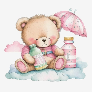 an ultra Cute little baby teddy bear wearing pink striped pyjamas romper with a pink baby bottle and pacifier sitting on a pink fluffy rug, watercolour, cute,, isolated on white background, Clipart
