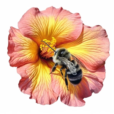 Fluffy Bumblebee on a hibiscus flower, highly detailed, acrylic paint, 16k, realistic, isolated on a white background, clipart