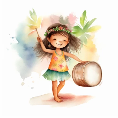 watercolour, adorable little hula dancer, she is 4 years old, dancing and playing a Hawaiian looking little drum, clipart