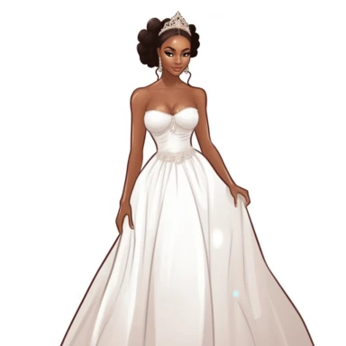 full body beautiful brown melanin debutante wearing a white wedding gown, long white gloves and crown on her head with white background.. 300 dpi vector clipart.. character drawn with thick black lines like for a coloring book.. no watermarks.. white background