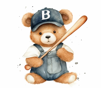 create watercolor clipart of letter B , cute animal in baseball costumes with baseball, incredibly high detail, 16k, gorgeous, white background