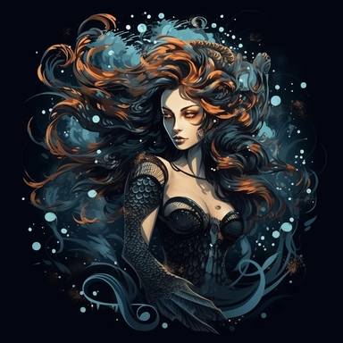 clipart furious mermaid, dark metallic tones